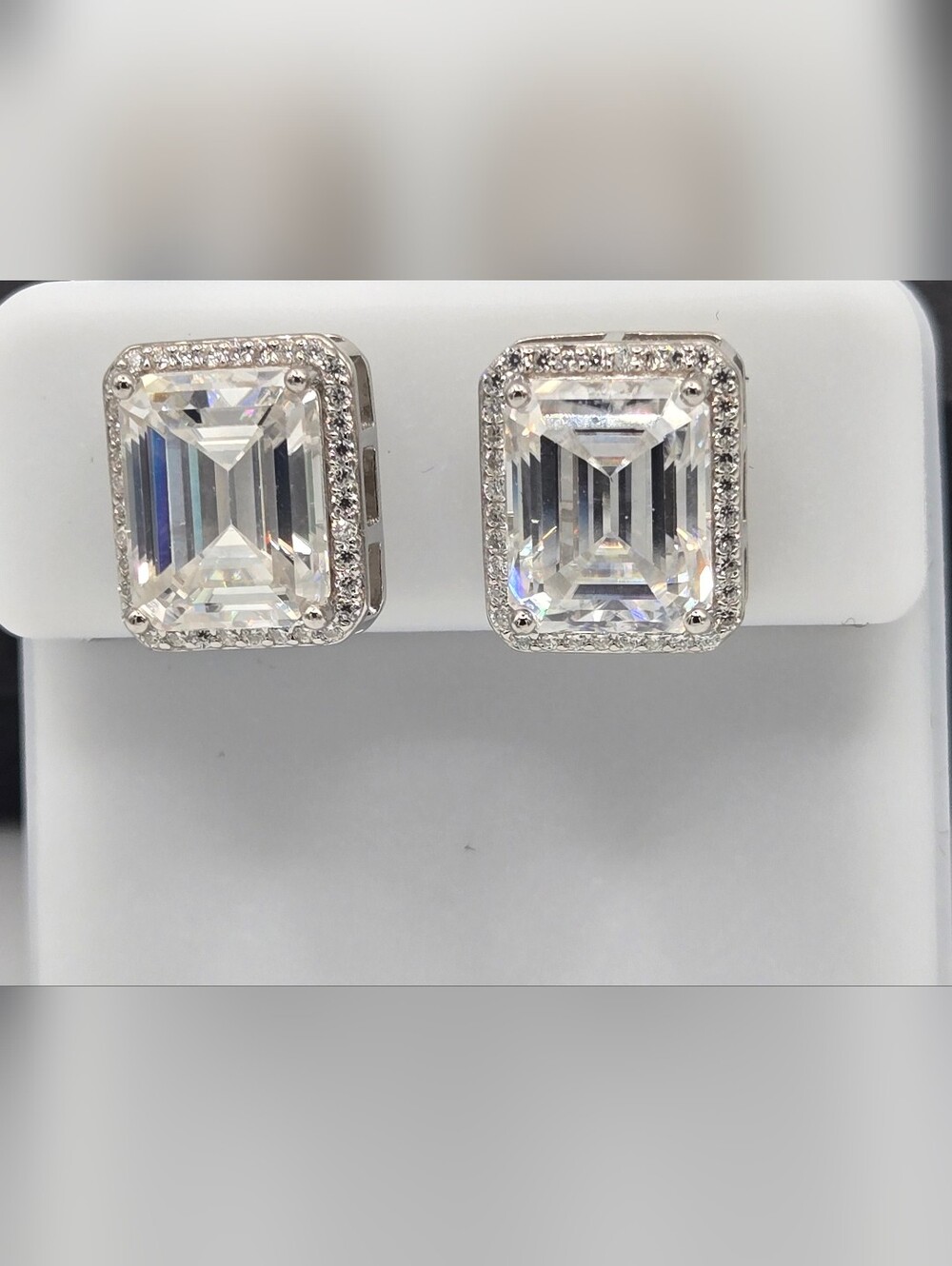 Moissanite 8.35 CTW Emerald Cut Earrings With Halo 925 Sterling Silver VVSD NWT